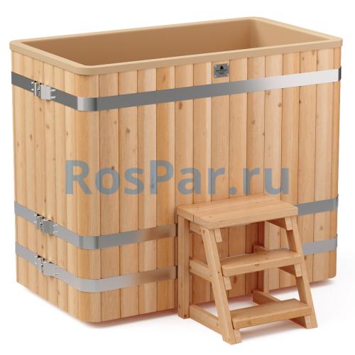 Прямоугольная купель «COMFORT» из лиственницы с пластиковой вставкой длина 1400 мм ширина 780 мм высота 1150 мм
