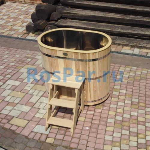 Овальная купель «PREMIUM» из лиственницы с вставкой из нержавеющей стали длина 1400 мм